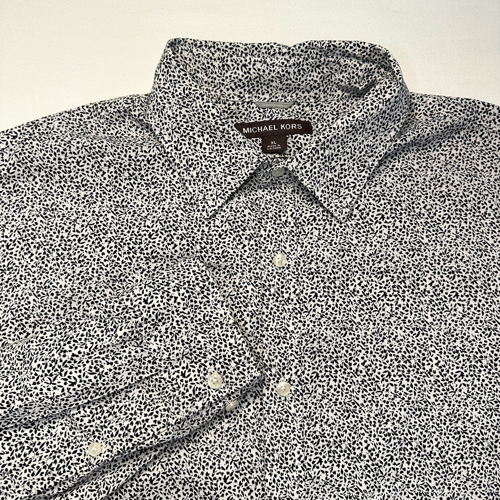 Michael Kors Mens XL Slim Fit Button Down‎ Shirt Black White Midnight Spring L/S